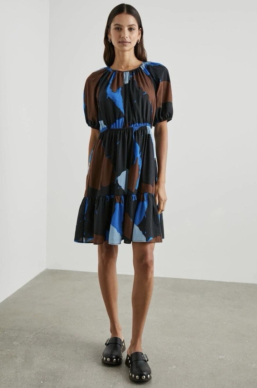Rails Khloe Blue Brown Block Abstract Print Ruffle Bottom Dress Small Flirty